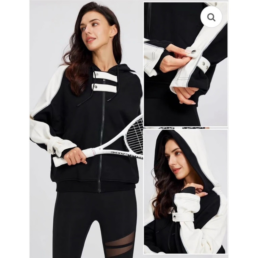 GIDI BOHO Womens Full Zip Hoodie Black White Colorblock Sweatshirt‎ Size Large - Picture 3 of 6